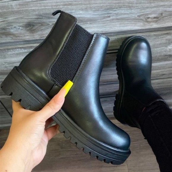 Shoes - NEW! Women Lug Sole Low Heel Chelsea Fashion Ankle Bootie with Elastic- Black